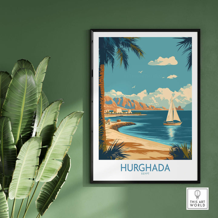 Hurghada Egypt poster showcasing the Red Sea, sailboat, and coastal palm trees in vibrant colors.