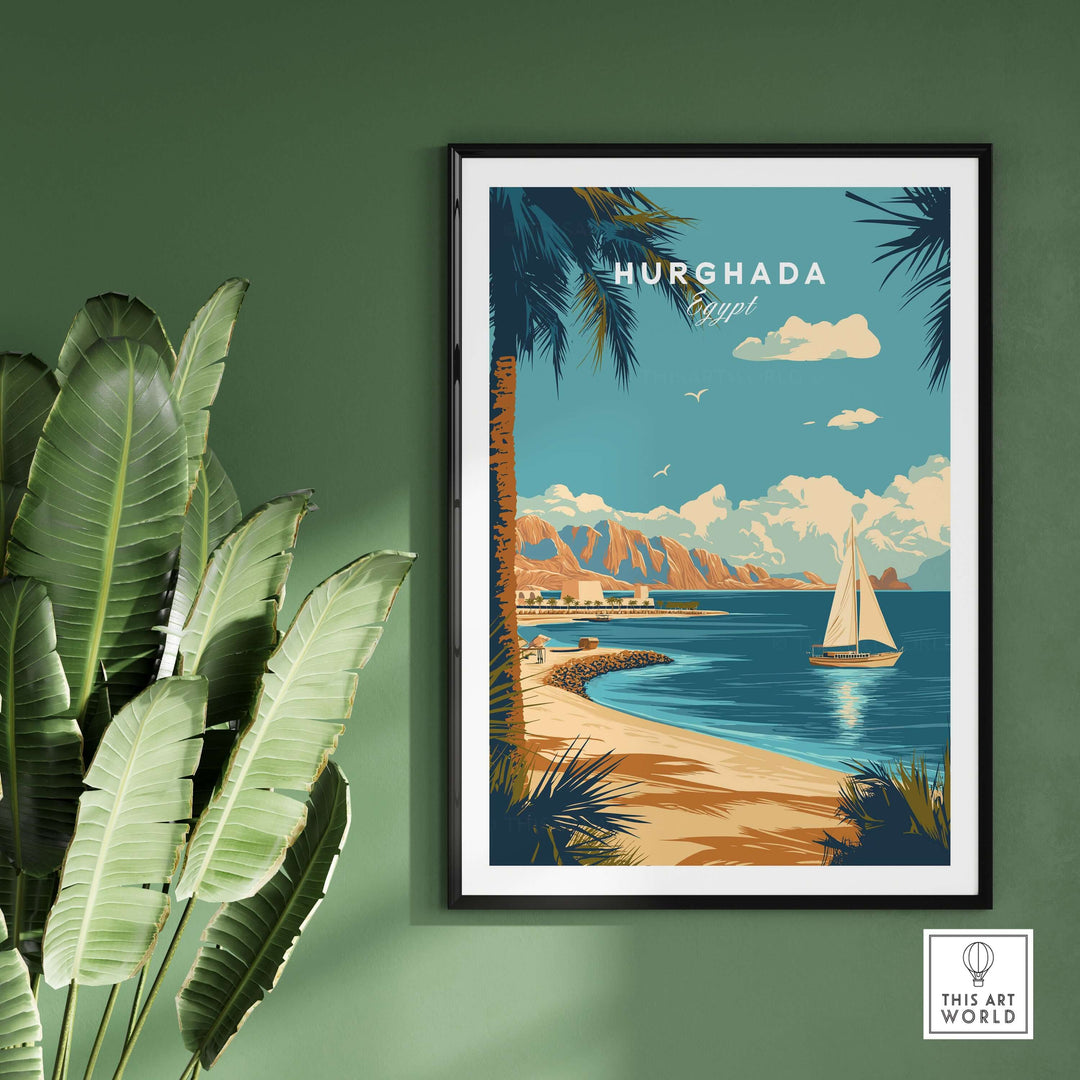 Hurghada Egypt Red Sea beach print, showcasing tropical scenery and sailing boat, perfect for coastal decor.