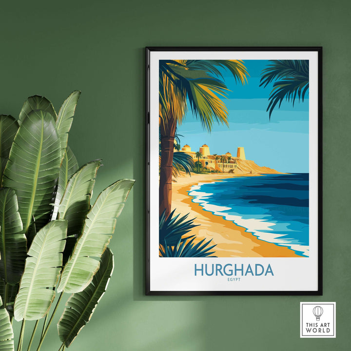 Hurghada Egypt wall art featuring vibrant coastal scene and palm trees, perfect for home decor.