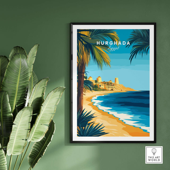Hurghada Egypt beach poster featuring vibrant coastline and palm trees, perfect for decor and travel enthusiasts.