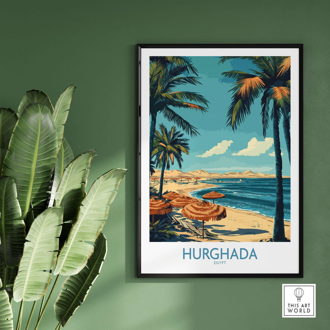 Hurghada poster showcasing palm trees and beach, capturing the essence of Egyptian resort decor.
