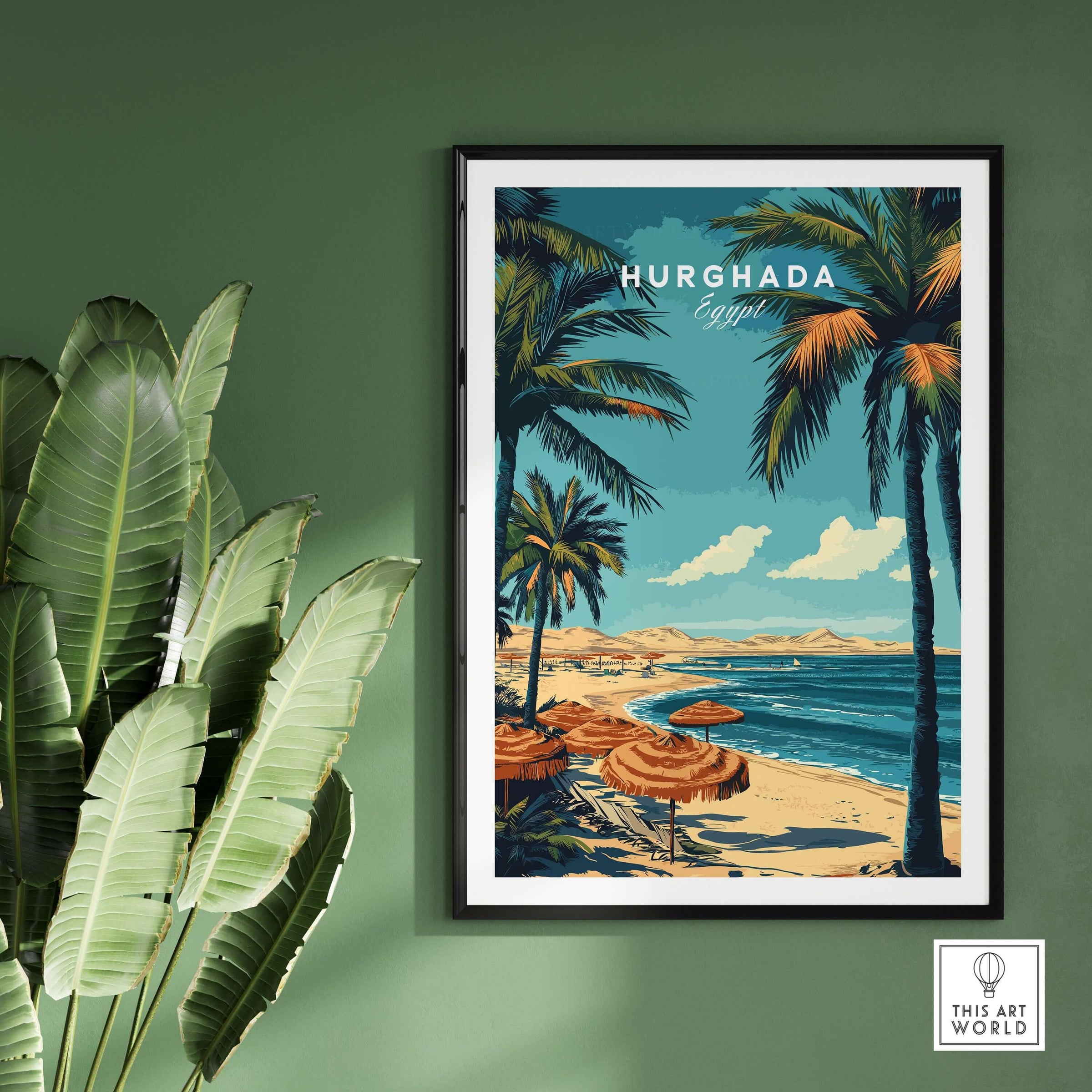 Hurghada Egypt Print - Tropical Vacation Wall Art featuring palm trees and seaside views in a framed print.