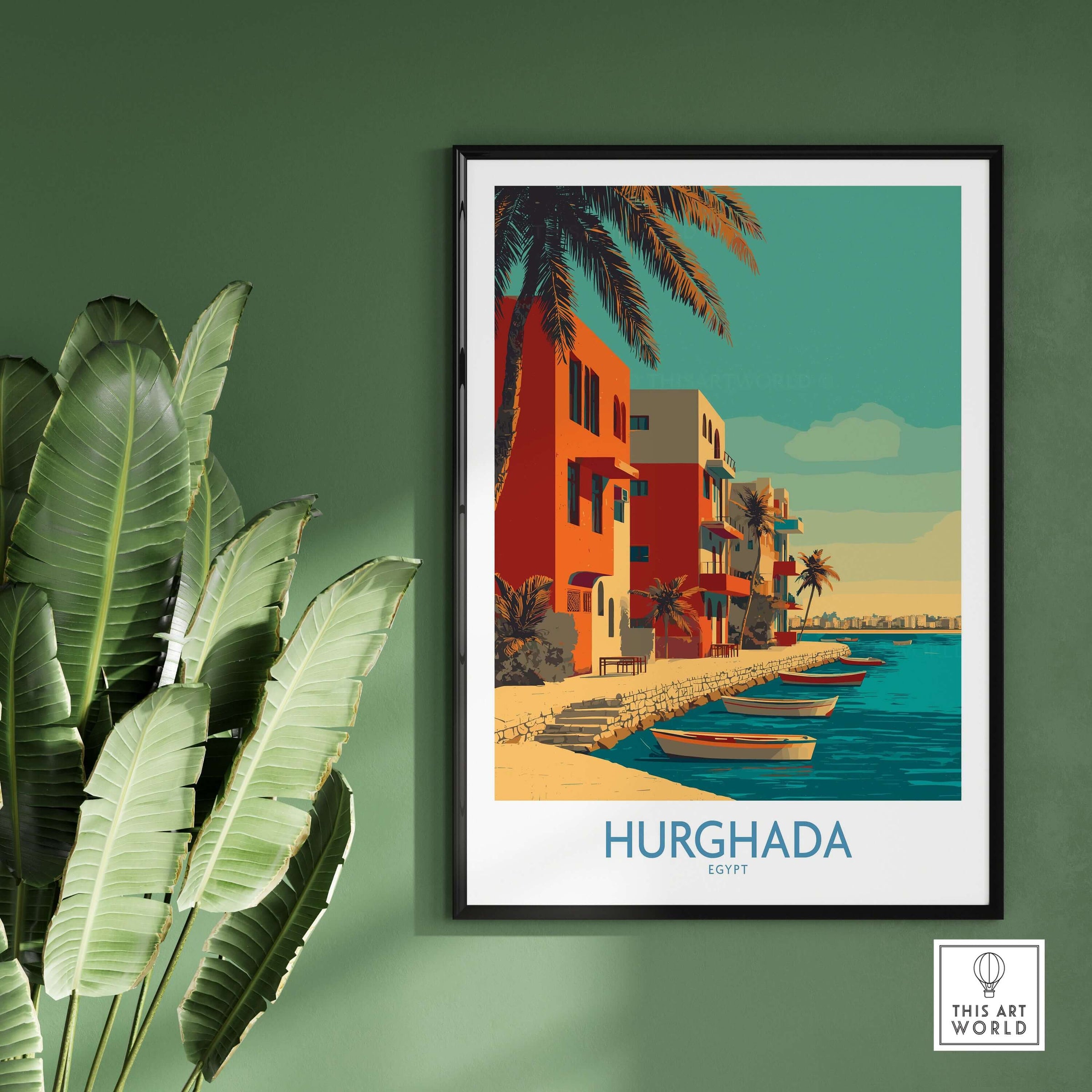 Hurghada Egypt Wall Art - Travel Print featuring vibrant coastal scenes and palm trees.