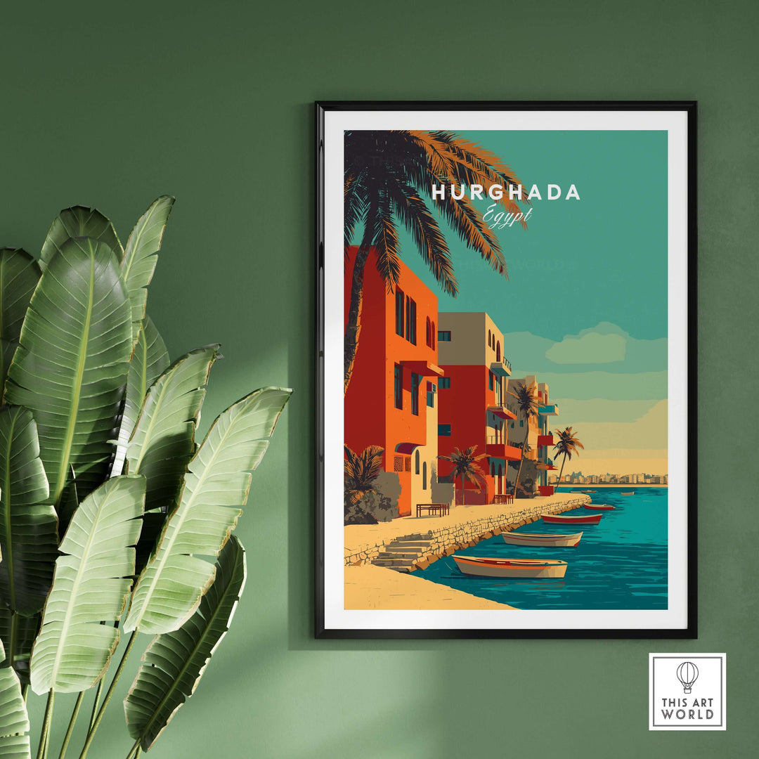 Hurghada Egypt poster featuring colorful coastal buildings and boats along the Red Sea, perfect for tropical vacation decor.