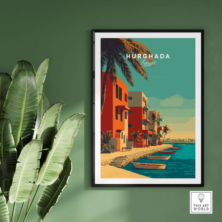 Hurghada Egypt poster featuring colorful coastal buildings and boats along the Red Sea, perfect for tropical vacation decor.
