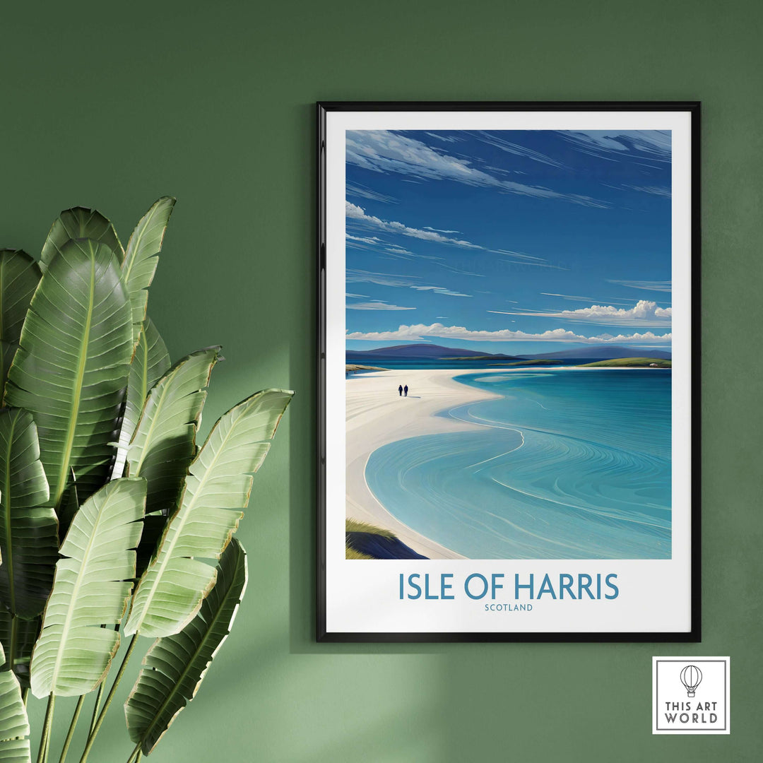 Isle of Harris travel poster featuring scenic beach and turquoise water, perfect for home decor inspired by Scotland's Outer Hebrides.