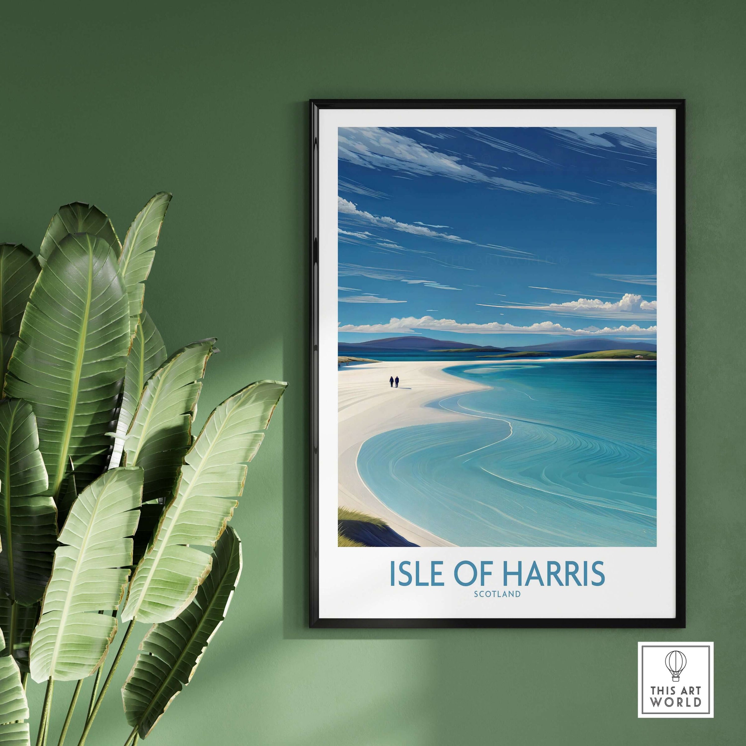 Isle of Harris Poster Scotland - Outer Hebrides Travel Print in a modern frame on a green wall with tropical plants.