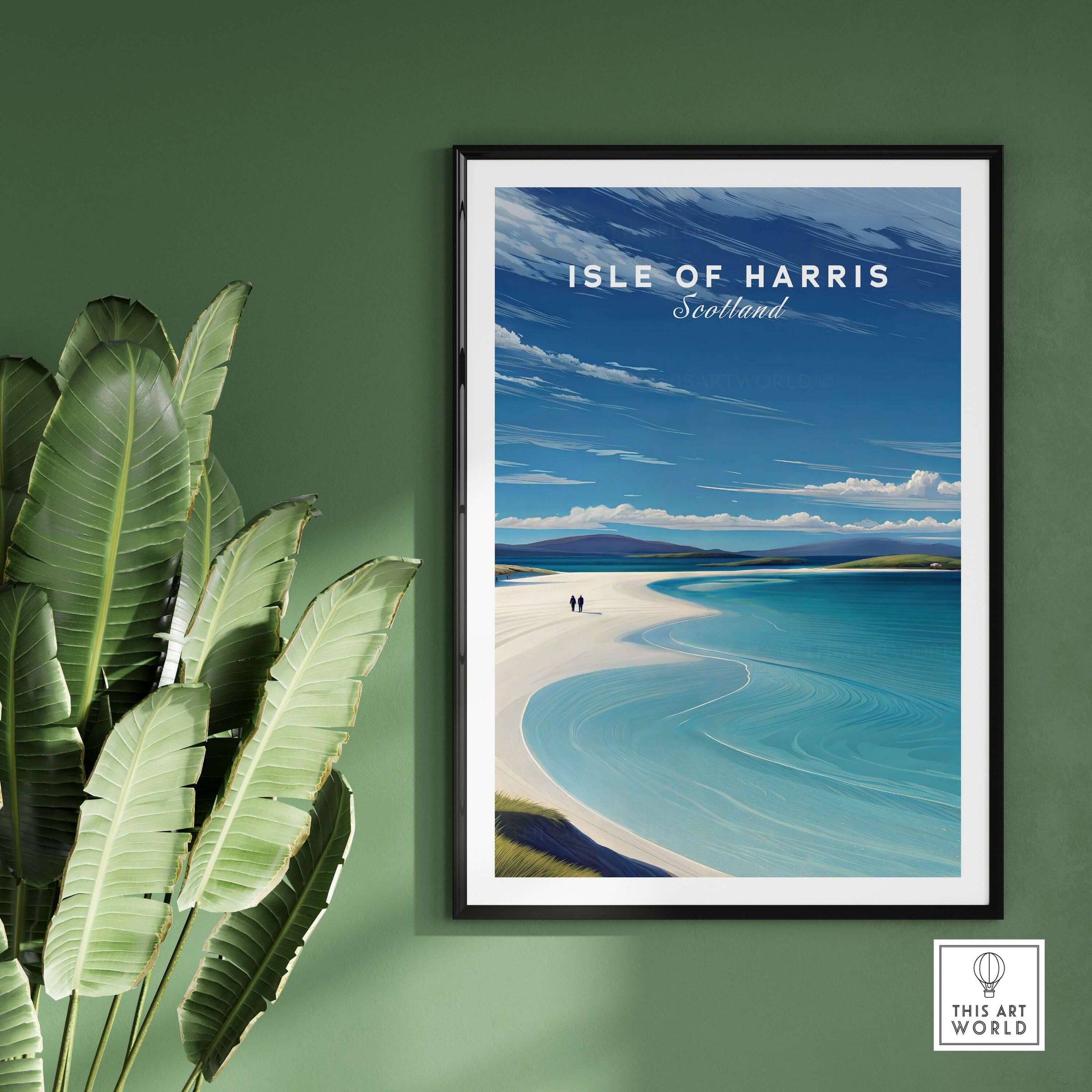 Isle of Harris Scotland Luskentyre Beach Print - White Sand Coastal Wall Art framed on green wall with plants