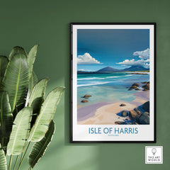 Isle of Harris Poster Scotland Clear Waters - Hebridean Seascape Decor framed on a green wall