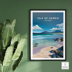 Isle of Harris Scotland Blue Sky Beach Print - Rocky Coastline Wall Art framed on a green wall with tropical plants.