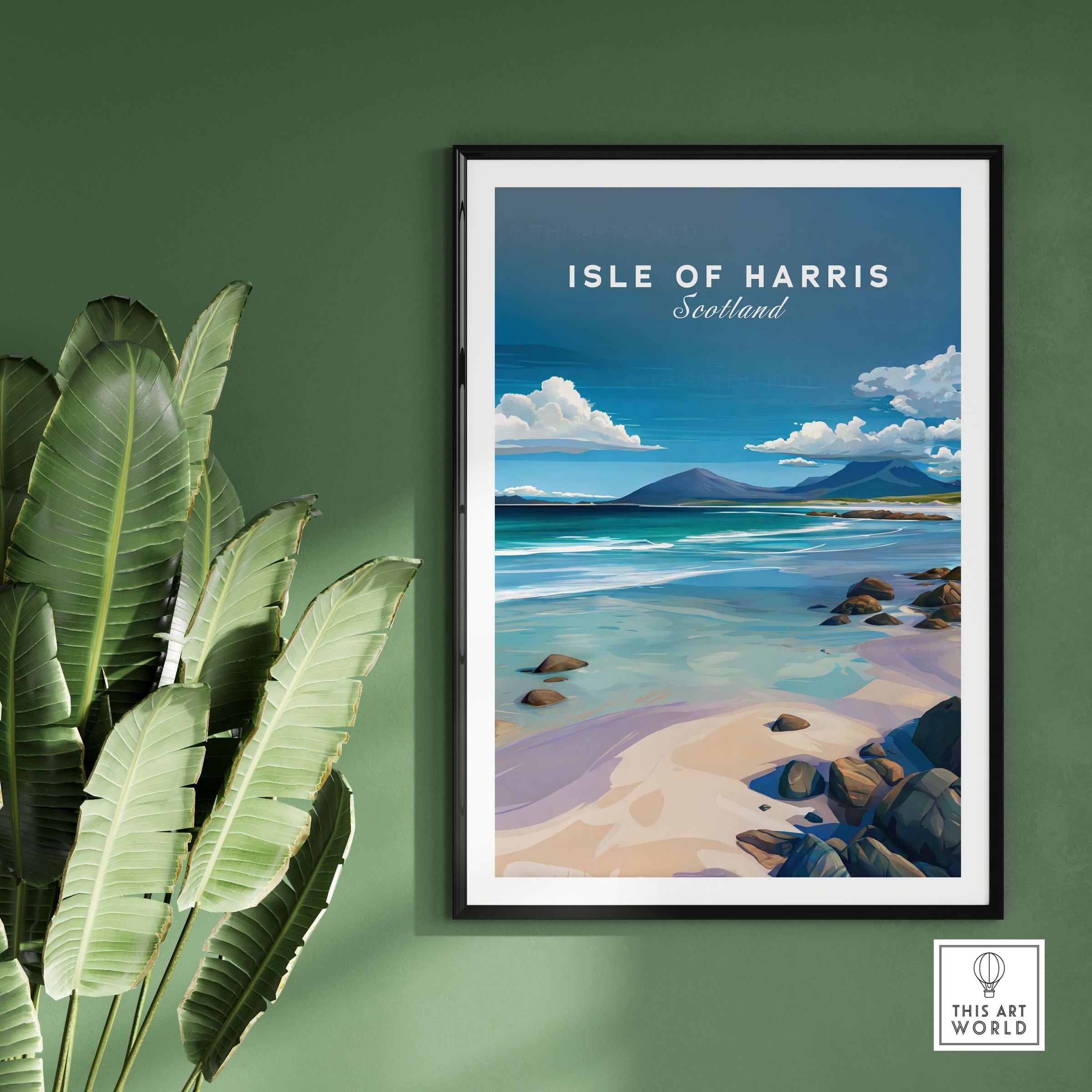 Isle of Harris Scotland Blue Sky Beach Print - Rocky Coastline Wall Art framed on a green wall with tropical plants.
