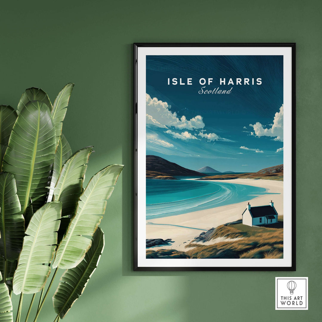Isle of Harris Scotland beach house seascape poster framed on green wall with tropical plants.
