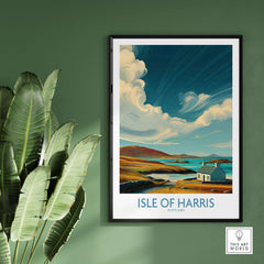 Isle of Harris Poster Scotland Dramatic Sky Seascape - Scottish Island Travel Decor displayed on a wall with plants.