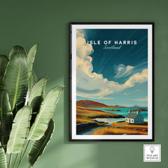 Isle of Harris Print Scotland Coastal Cottage Landscape - Rolling Hills Wall Art framed in a modern setting with green decor.