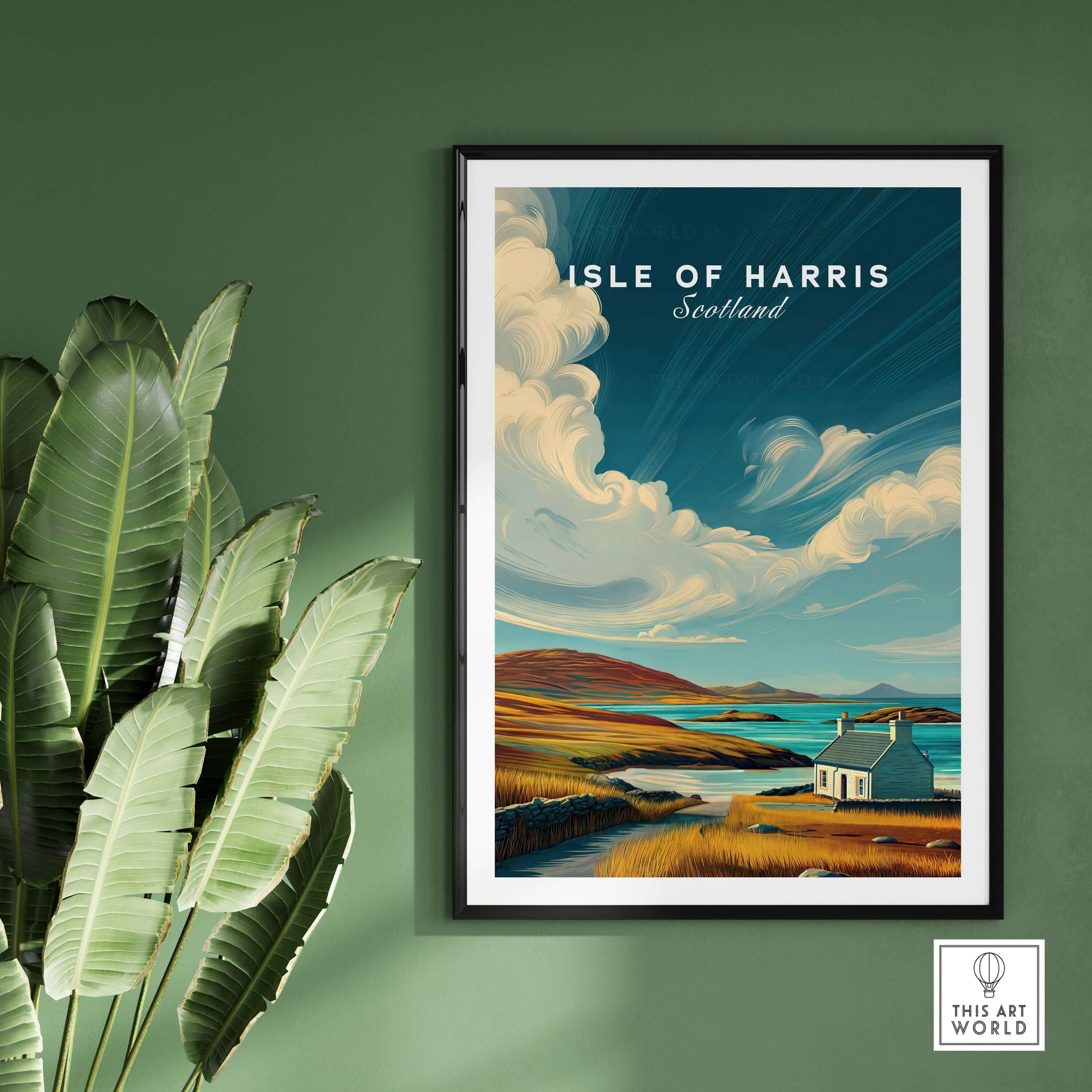 Isle of Harris Print Scotland Coastal Cottage Landscape - Rolling Hills Wall Art framed in a modern setting with green decor.