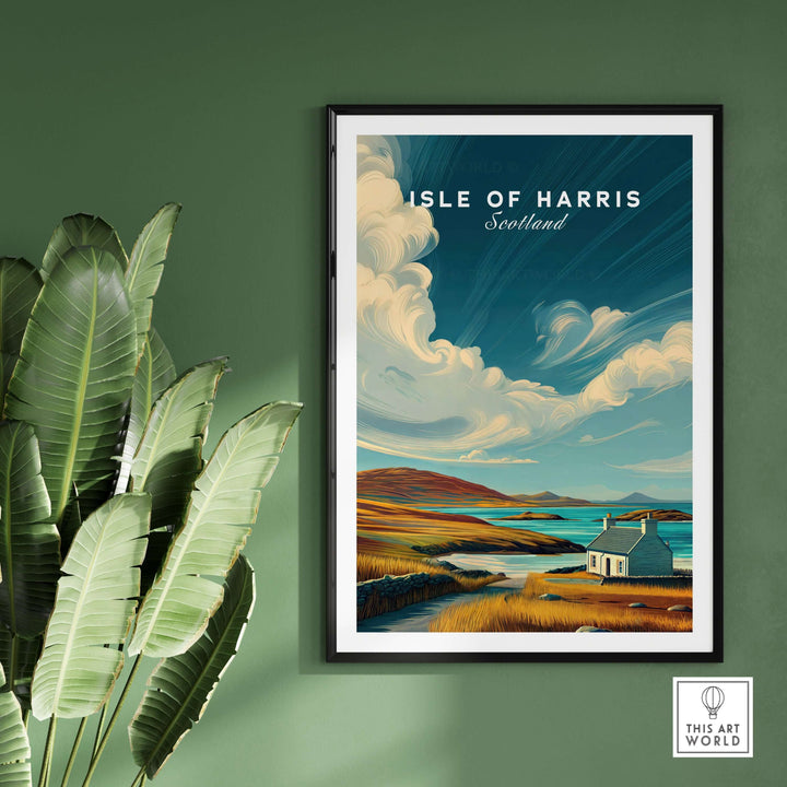 Isle of Harris Scotland print featuring coastal cottage and rolling hills, perfect for rustic wall art decoration.