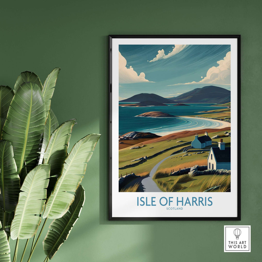 Isle of Harris Scotland poster showcasing serene Hebridean landscape with vibrant colors and coastal scenery.