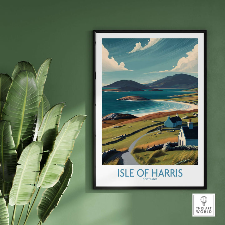 Isle of Harris Scotland poster showcasing serene Hebridean landscape with vibrant colors and coastal scenery.