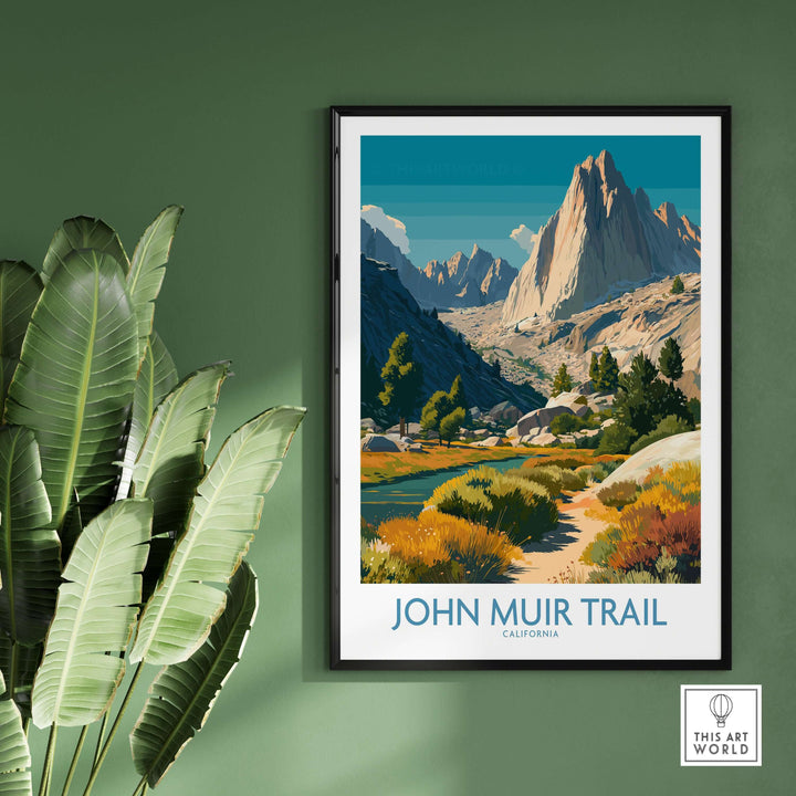 John Muir Trail poster featuring Alpine Valley landscape from Yosemite National Park, showcasing natural beauty and adventure.