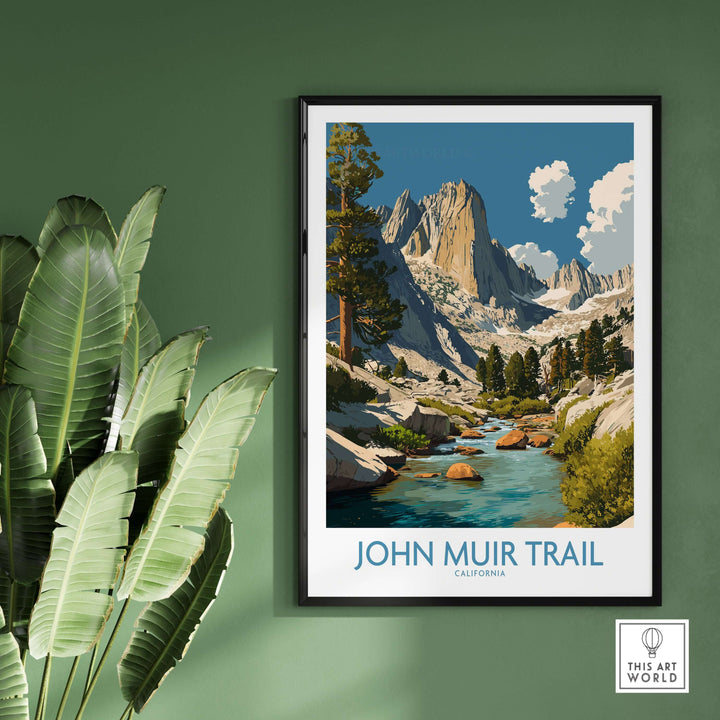 John Muir Trail poster featuring a mountain river and rugged landscapes, perfect for hiking enthusiasts and nature lovers.