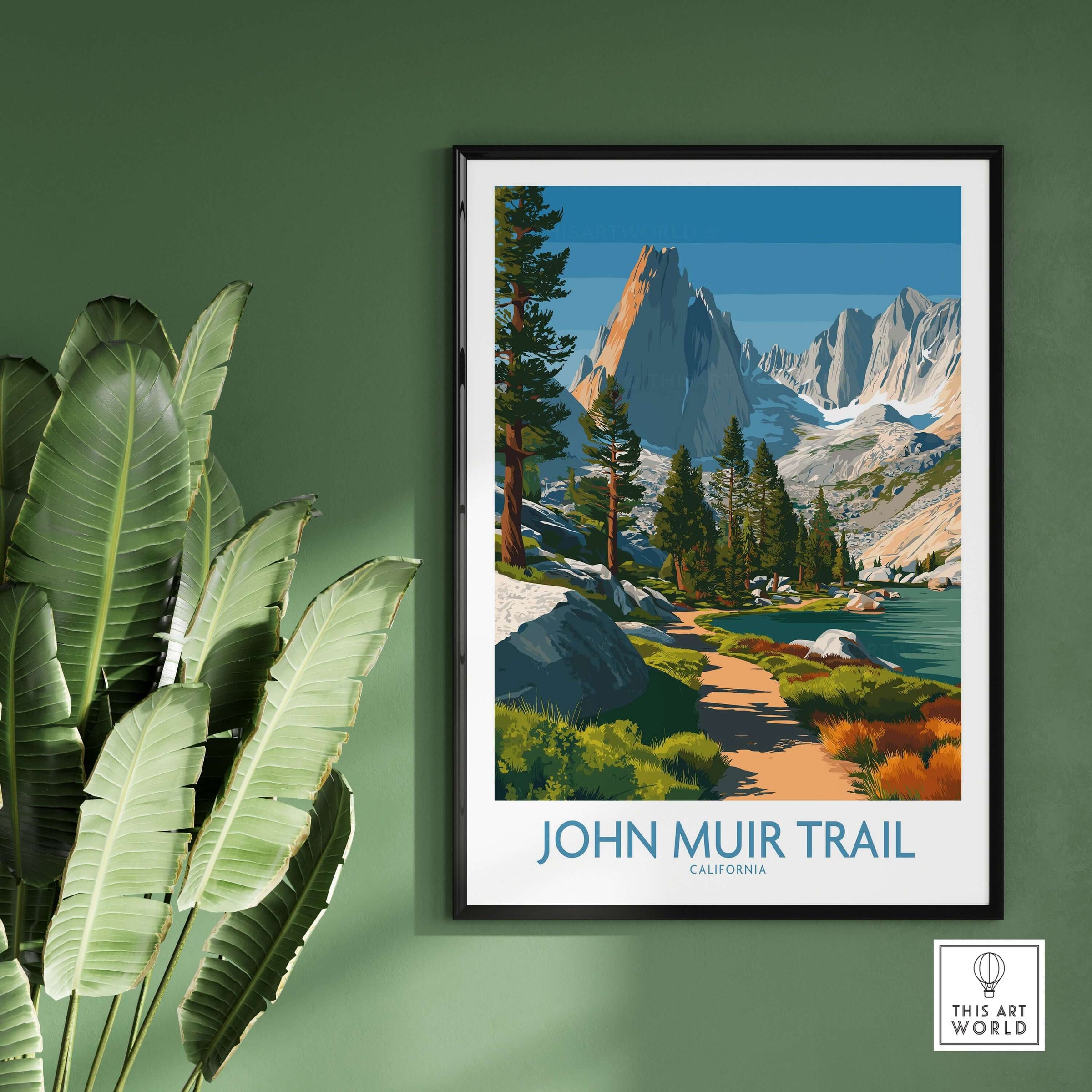 John Muir Trail California Serene Lake Wall Art - Sierra Nevada Travel Print displayed on a modern wall with greenery.