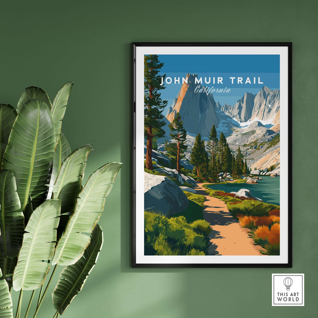 John Muir Trail poster featuring a lakeside mountain landscape in California, perfect for nature lovers.