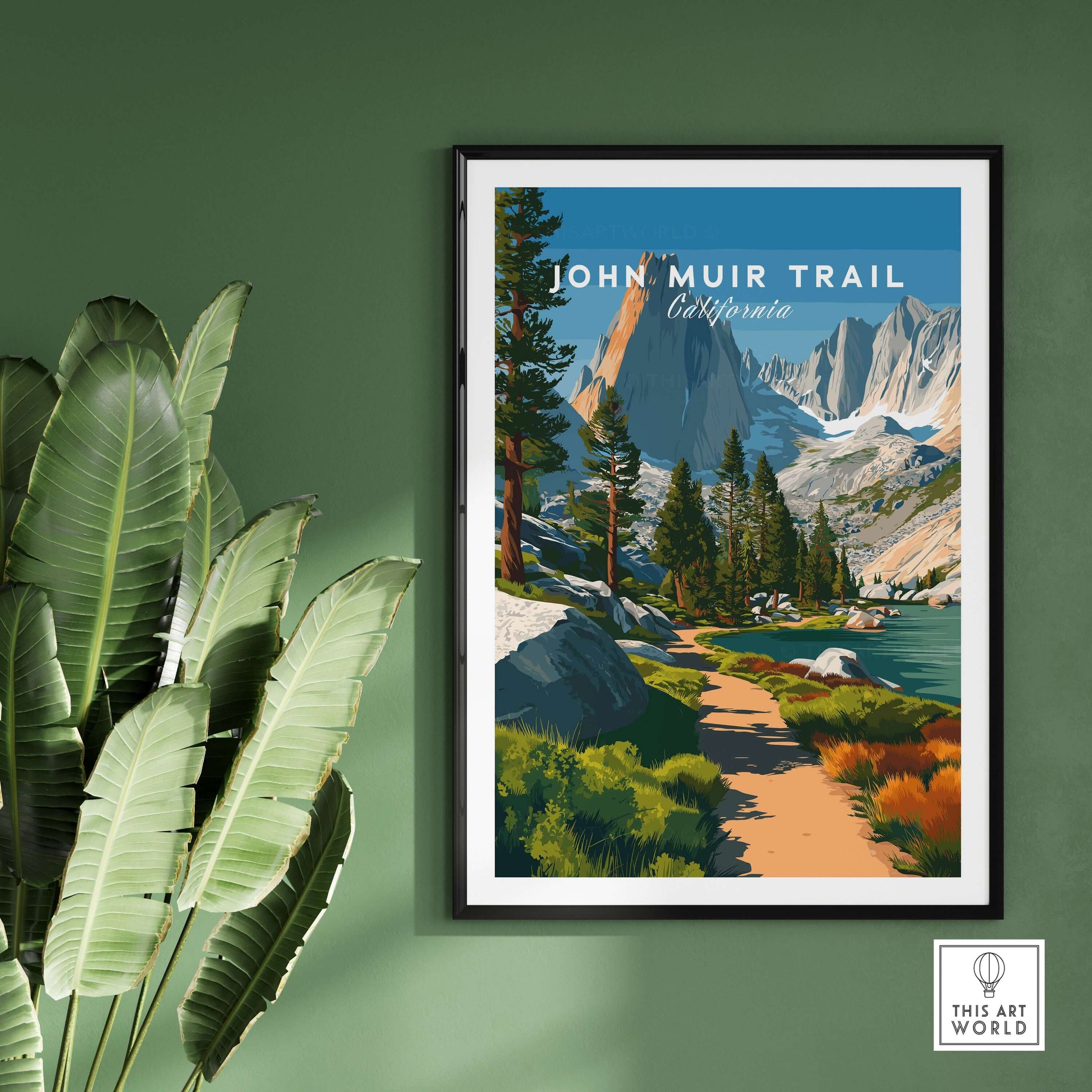 John Muir Trail California Lakeside Mountain Trail Poster - Wilderness Landscape Print showcasing scenic nature views.