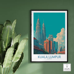 Kuala Lumpur Malaysia Urban Cityscape Poster - Malaysian Capital Art Print displayed on a wall with green background and plants.