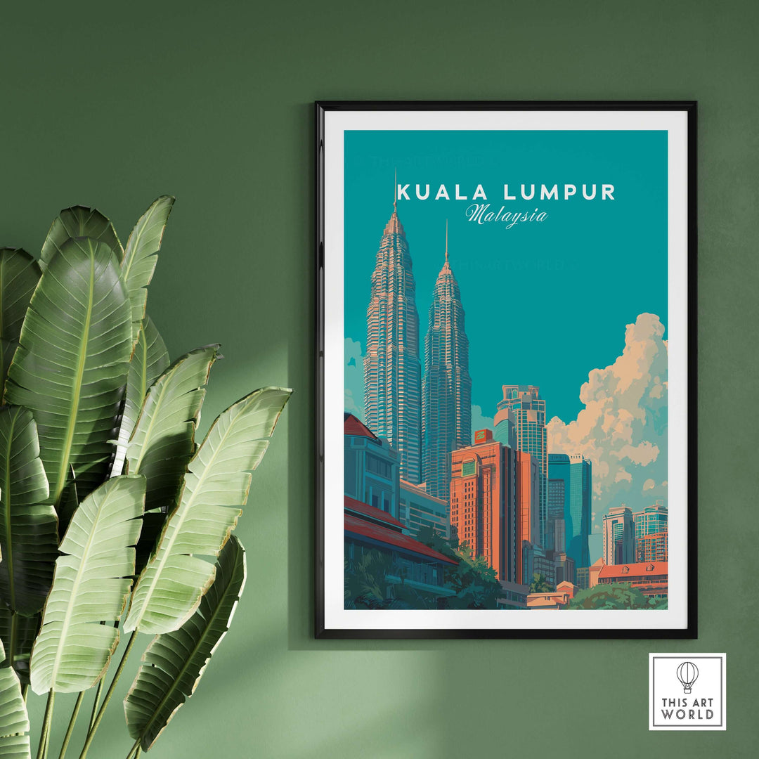 Kuala Lumpur Malaysia skyline poster featuring Petronas Towers in vibrant colors, modern city wall art decor.