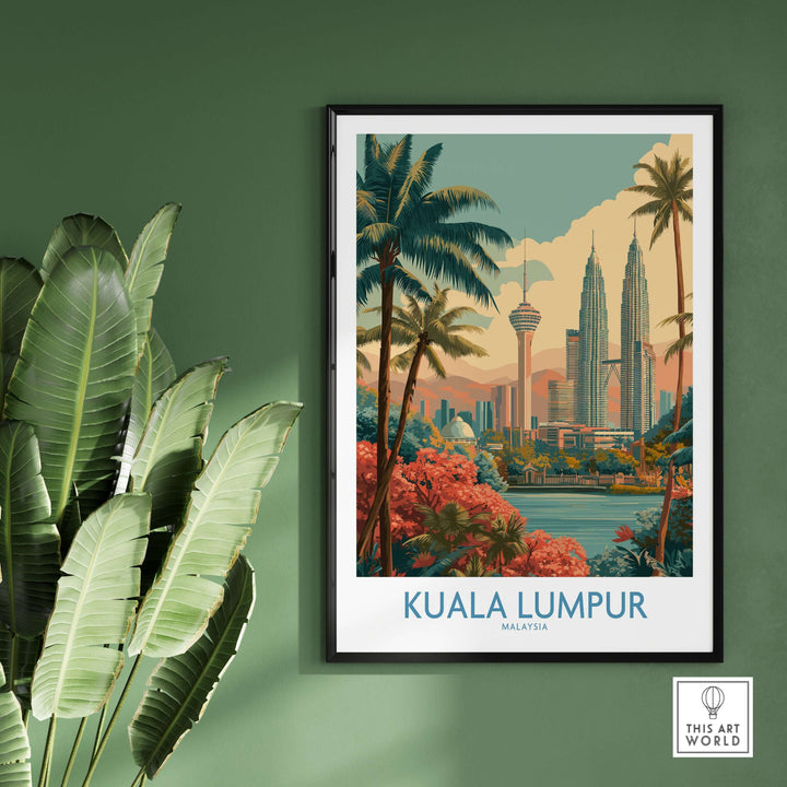 Vibrant Kuala Lumpur skyline poster featuring iconic buildings and lush greenery, ideal for urban travel decor.
