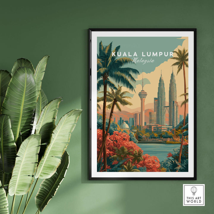 Kuala Lumpur cityscape print featuring Petronas Towers and KL Tower surrounded by tropical plants.