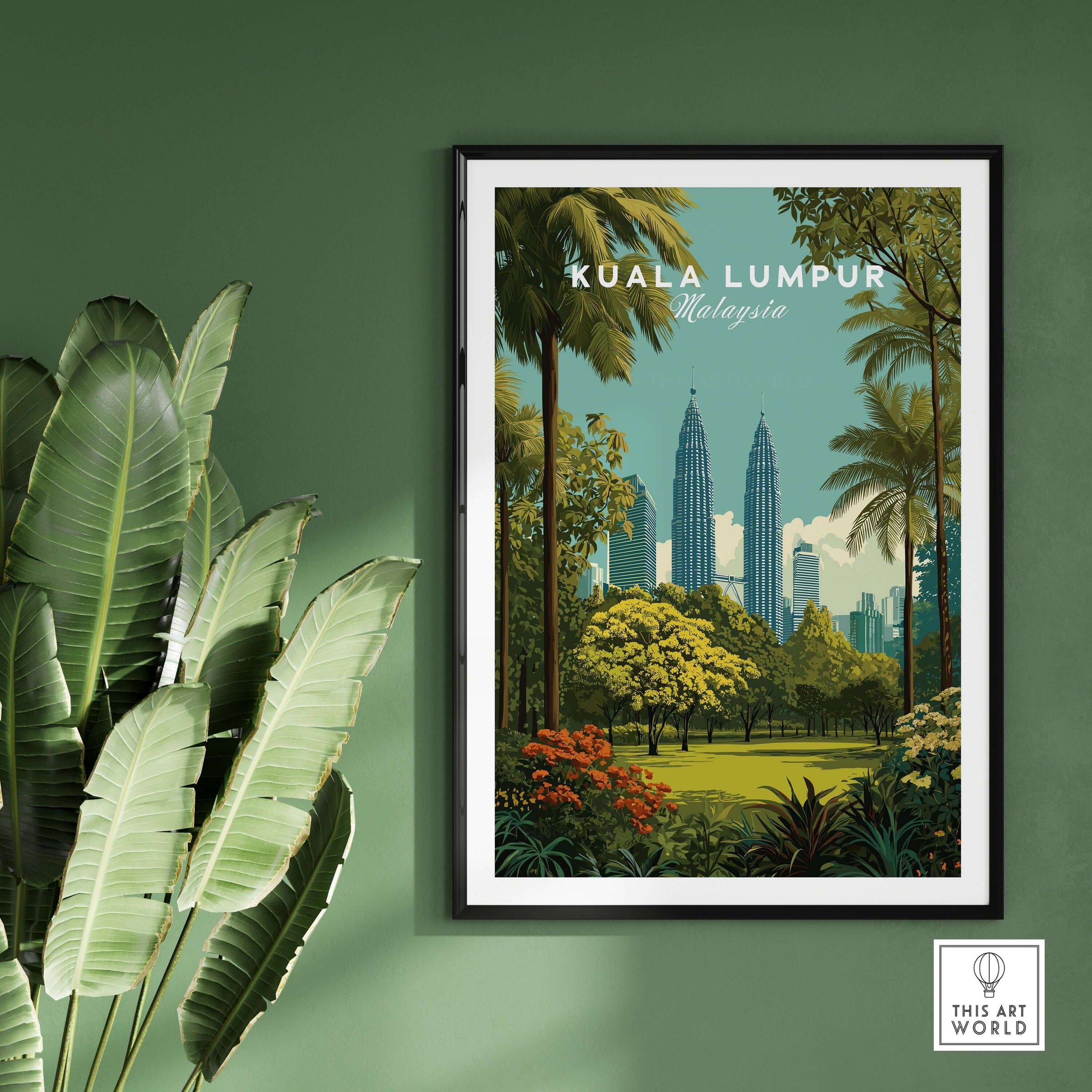 Kuala Lumpur Malaysia Twin Towers Garden Print - City Park Wall Art displayed on a green wall with plants.