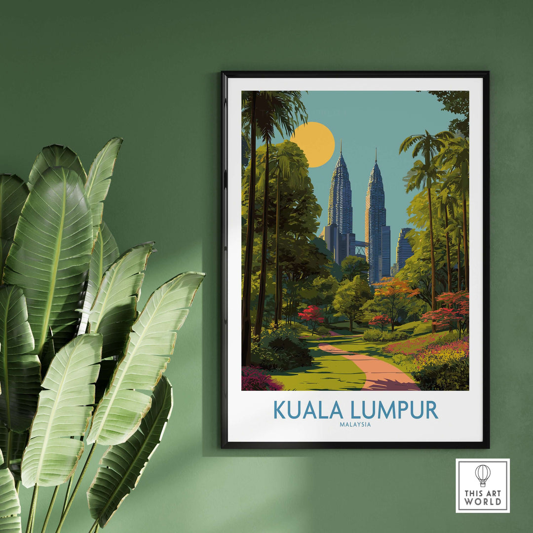Kuala Lumpur cityscape travel poster showcasing Petronas Towers amidst lush greenery and a sunny backdrop.