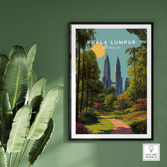 Kuala Lumpur Malaysia Poster Petronas Towers Park Path - Modern City Wall Art with greenery and vibrant colors.