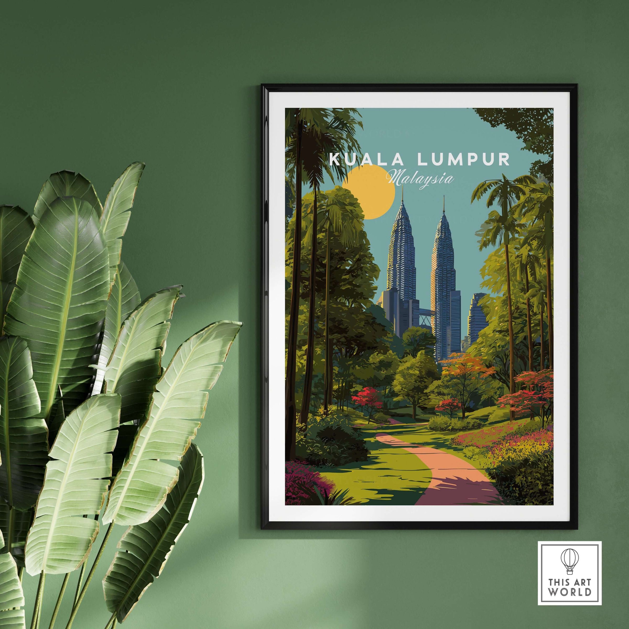 Kuala Lumpur Malaysia Poster Petronas Towers Park Path - Modern City Wall Art with greenery and vibrant colors.