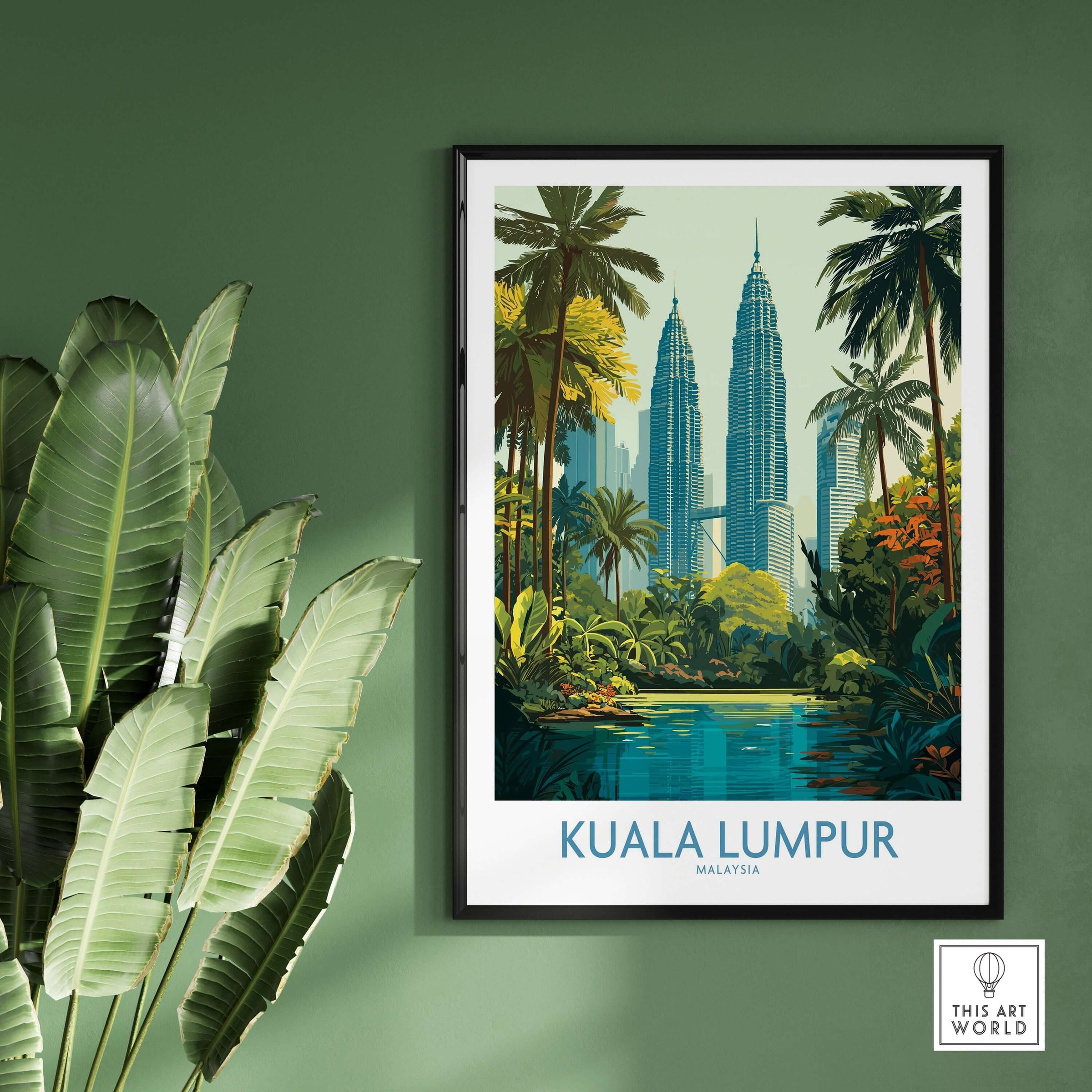 Kuala Lumpur Malaysia KLCC Park Wall Art - Malaysian Skyline Art Print displayed in a modern interior with greenery.