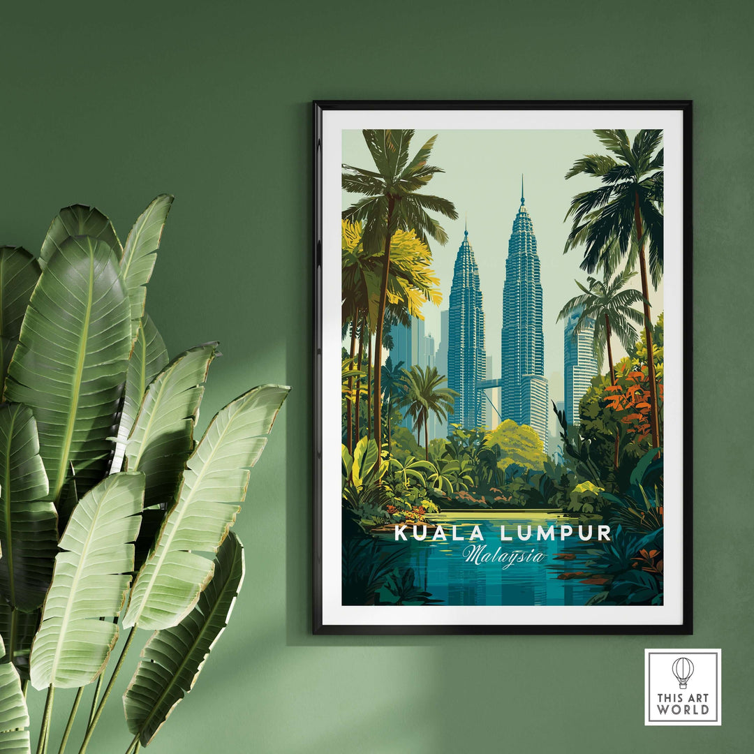 Tropical cityscape poster of Kuala Lumpur with Petronas Towers framed among lush greenery.