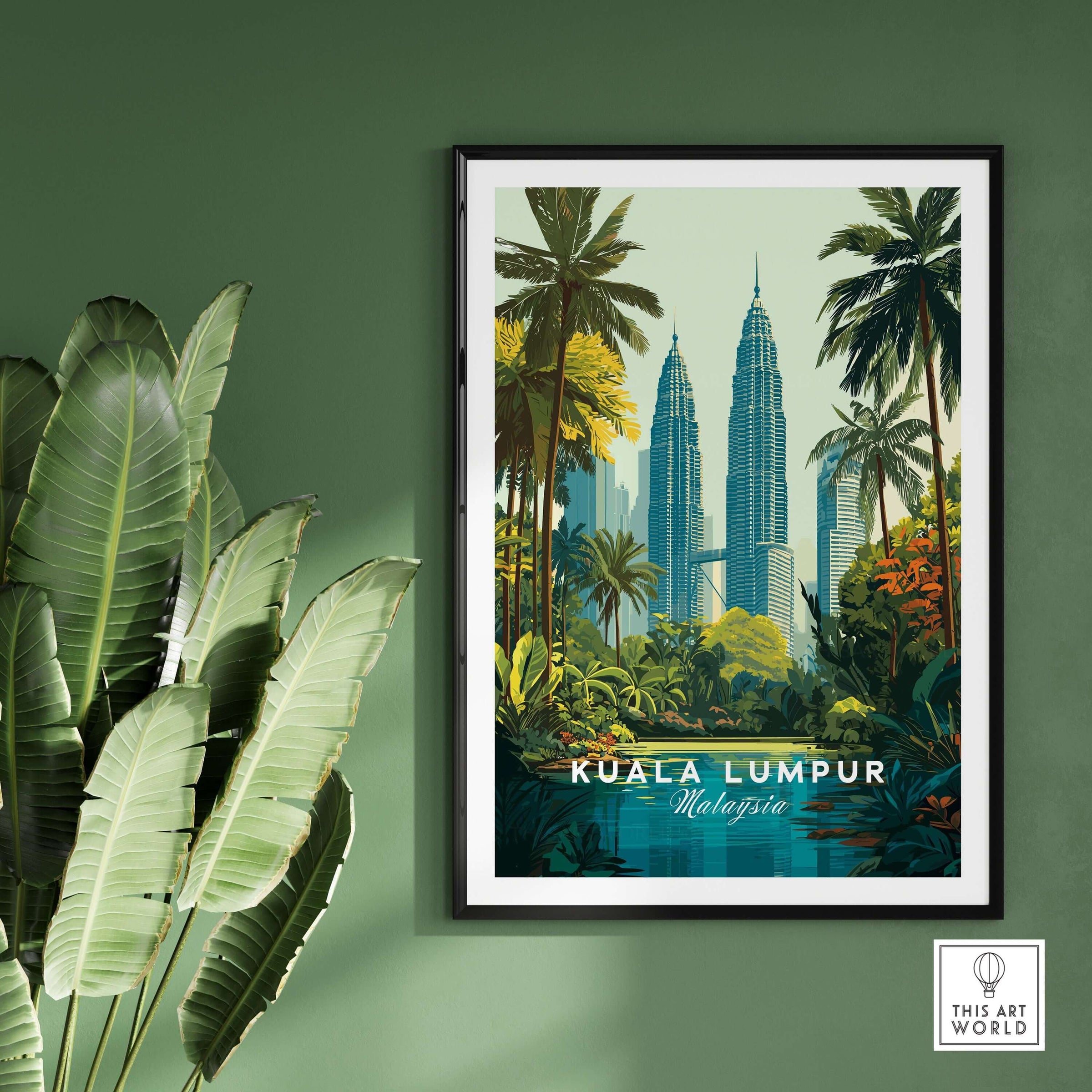 Kuala Lumpur Malaysia Twin Towers Print - Tropical Cityscape Poster featuring lush greenery and iconic towers.
