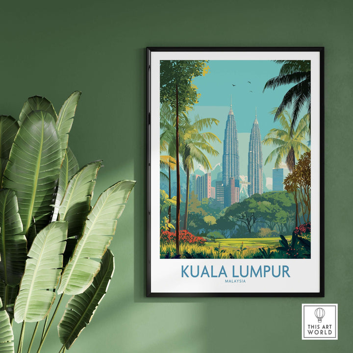 Kuala Lumpur Malaysia green city skyline poster featuring lush greenery and iconic Petronas Towers.