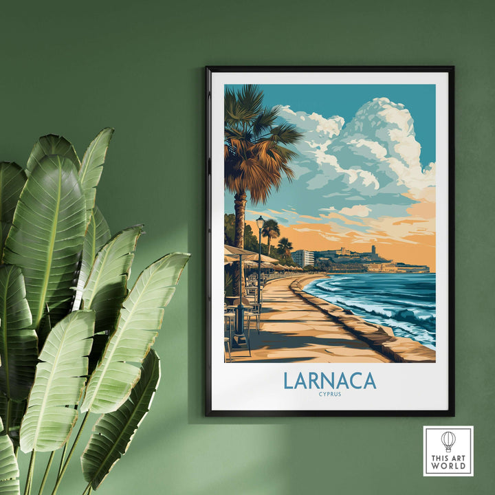 Larnaca travel poster featuring a palm tree and seascape at sunset, capturing Cyprus's coastal beauty.