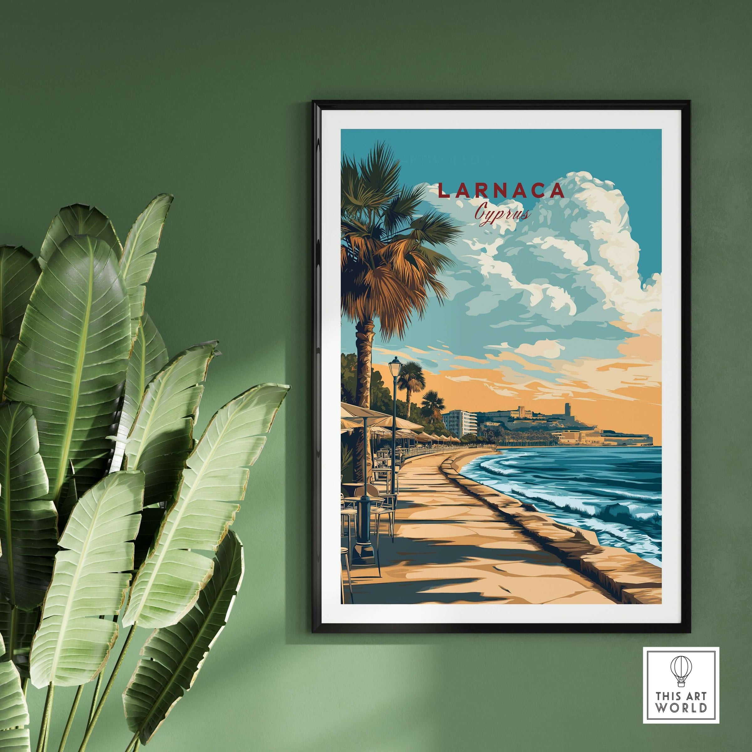 Larnaca Print Cyprus Beachfront Promenade - Mediterranean Coastal Wall Art featuring palm trees and coastal views.
