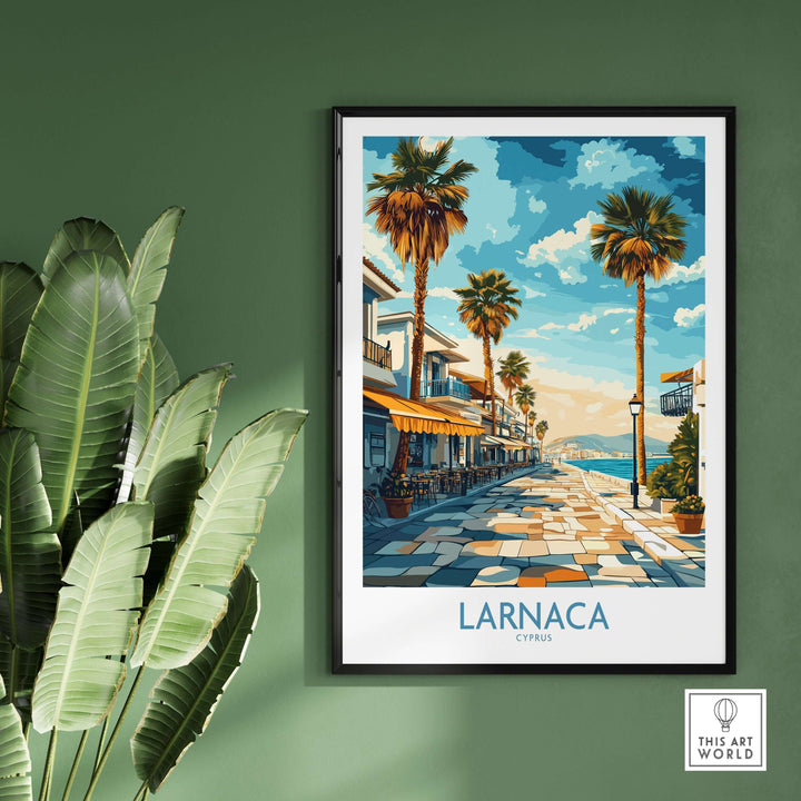 Larnaca Cyprus wall art print featuring palm trees and seaside town atmosphere, ideal for coastal decor.