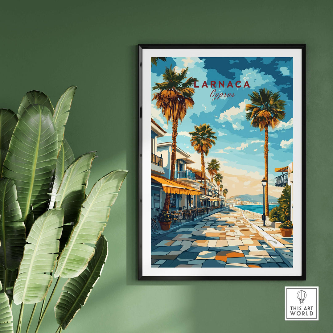 Larnaca Cyprus travel poster featuring palm trees and coastal scenery, perfect for vibrant home decor.