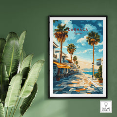 Larnaca Cyprus Poster - Travel Print showcasing a scenic view of palm-lined streets and coastal beauty.