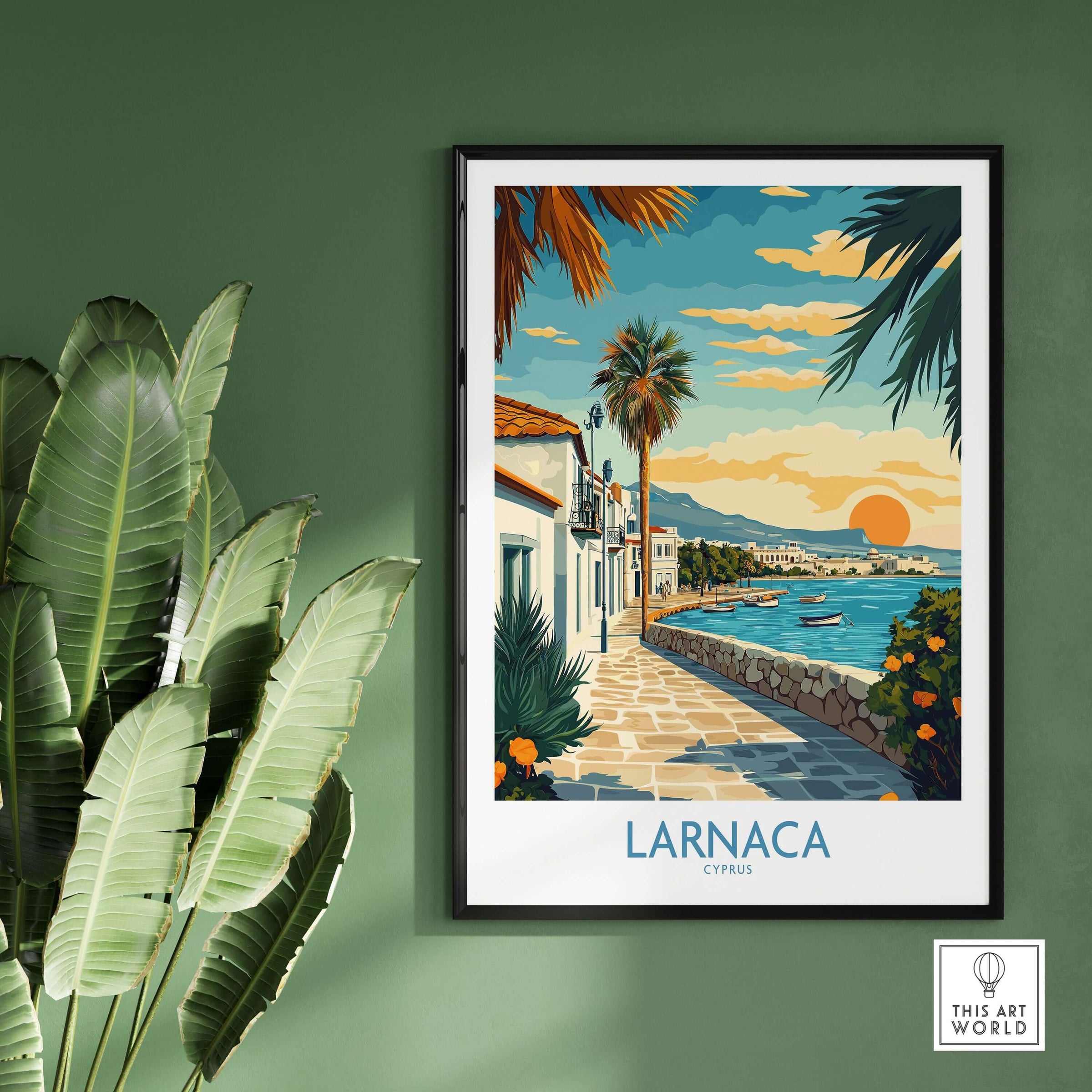 Larnaca Cyprus Wall Art - Cyprus Travel Poster showcasing stunning coastal views and palm trees.