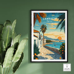 Larnaca Cyprus Sunset Print - Mediterranean Seascape Poster showcasing a vibrant sunset over a coastal landscape.