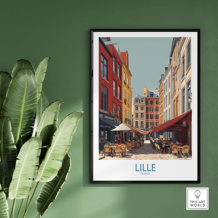 Lille France cafe culture poster showcasing vibrant street cafés and colorful buildings, perfect for travel decor lovers.