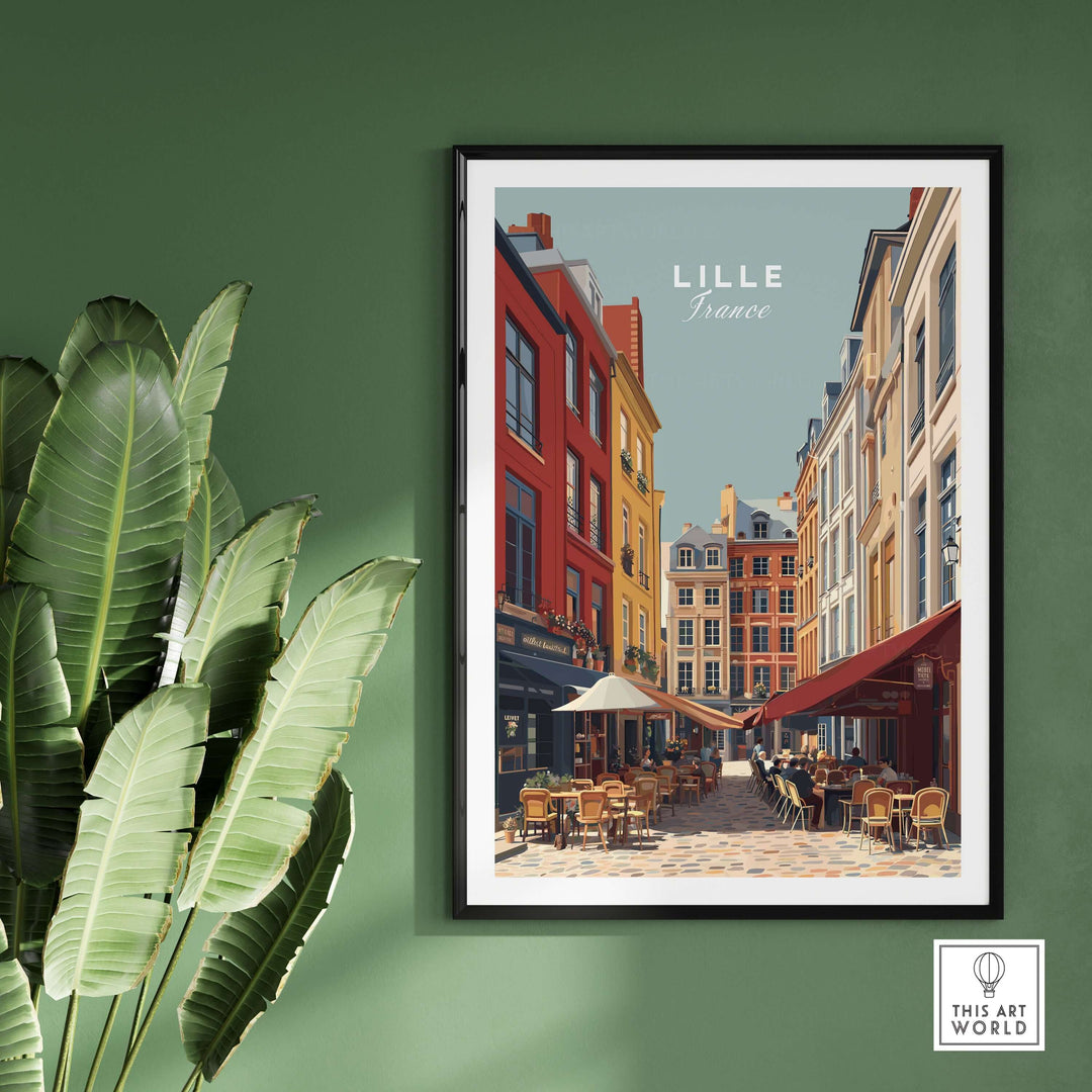 Lille France street scene print showcasing historic architecture and vibrant cafe atmosphere.