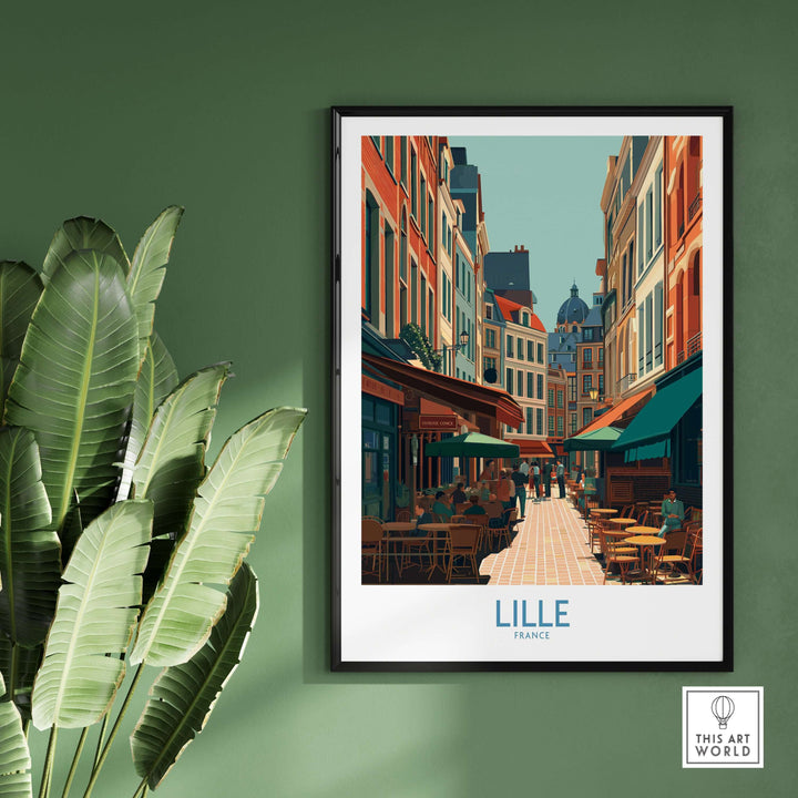 Lille France wall art showcasing a charming cityscape with cafes and historic architecture.
