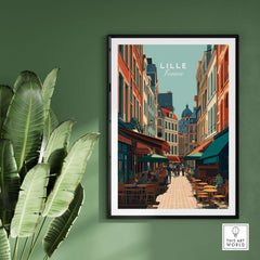 Lille France Old Town Square Poster - Charming European City Print displayed on a green wall alongside a plant.
